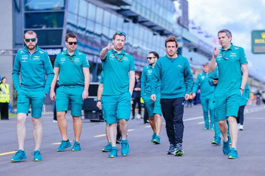 MELBOURNE, AUSTRALIA - MARCH 29: Fernando Alonso of Spain inspecting the circuit before the 2023 Australian Formula 1 Grand Prix on 29th March 2023