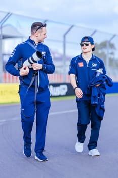 MELBOURNE, AUSTRALIA - MARCH 29: Yuki Tsunoda of Japan inspecting the circuit before the 2023 Australian Formula 1 Grand Prix on 29th March 2023