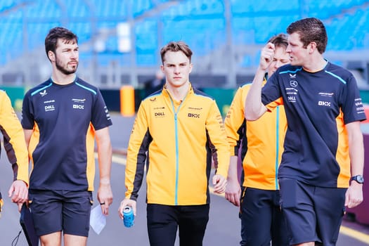 MELBOURNE, AUSTRALIA - MARCH 29: Oscar Piastri of Australia inspecting the circuit before the 2023 Australian Formula 1 Grand Prix on 29th March 2023