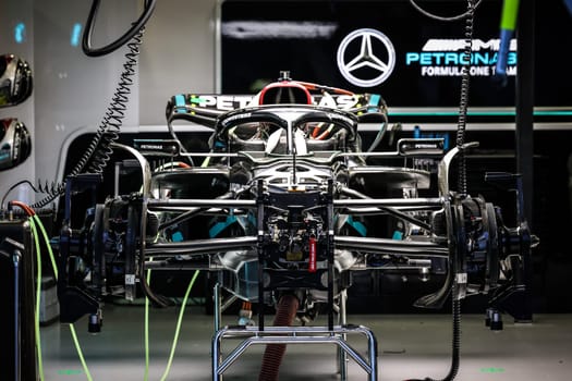 MELBOURNE, AUSTRALIA - MARCH 29: Mercedes-AMG PETRONAS Formula One Team in the pits at the 2023 Australian Formula 1 Grand Prix on 29th March 2023