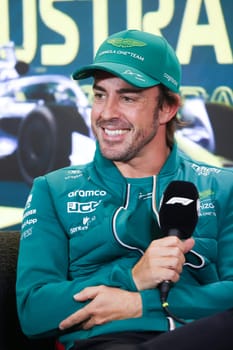 MELBOURNE, AUSTRALIA - MARCH 30: Fernando Alonso of Spain during a press conference at the 2023 Australian Formula 1 Grand Prix on 30th March 2023