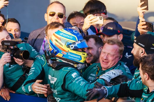 MELBOURNE, AUSTRALIA - APRIL 2: Fernando Alonso of Spain celebrates his 3rd place for Aston Martin Aramco Cognizant Formula One Team on race day during the 2023 Australian Grand Prix at Albert Park on April 2, 2023 in Melbourne, Australia.