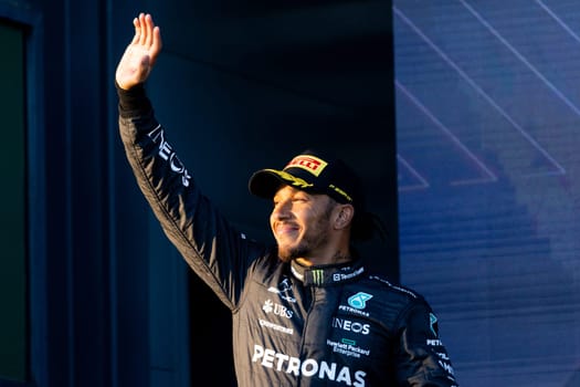 MELBOURNE, AUSTRALIA - APRIL 2: Lewis Hamilton of Great Britain and Mercedes-AMG PETRONAS Formula One Team celebrates 2nd place at the 2023 Australian Formula 1 Grand Prix on 2nd April 2023