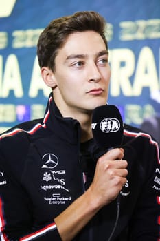 MELBOURNE, AUSTRALIA - MARCH 30: George Russell of Great Britain during a press conference at the 2023 Australian Formula 1 Grand Prix on 30th March 2023