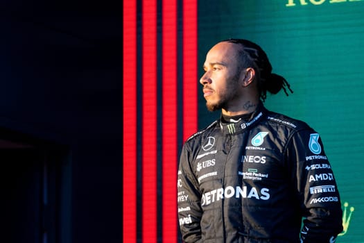 MELBOURNE, AUSTRALIA - APRIL 2: Lewis Hamilton of Great Britain and Mercedes-AMG PETRONAS Formula One Team celebrates 2nd place at the 2023 Australian Formula 1 Grand Prix on 2nd April 2023