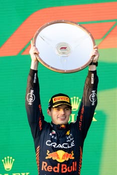 MELBOURNE, AUSTRALIA - APRIL 2: Max Verstappen of the Netherlands celebrates winning with his Oracle Red Bull Racing RB19 on race day during the 2023 Australian Grand Prix at Albert Park on April 2, 2023 in Melbourne, Australia.