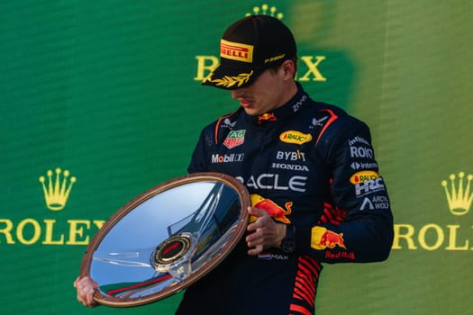 MELBOURNE, AUSTRALIA - APRIL 2: Max Verstappen of the Netherlands celebrates winning with his Oracle Red Bull Racing RB19 on race day during the 2023 Australian Grand Prix at Albert Park on April 2, 2023 in Melbourne, Australia.