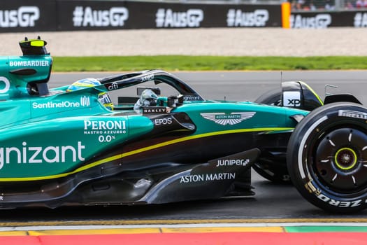 MELBOURNE, AUSTRALIA - MARCH 31: Fernando Alonso of Spain drives the Aston Martin AMR23 Mercedes during practice in the 2023 Australian Grand Prix at Albert Park in Melbourne, Australia