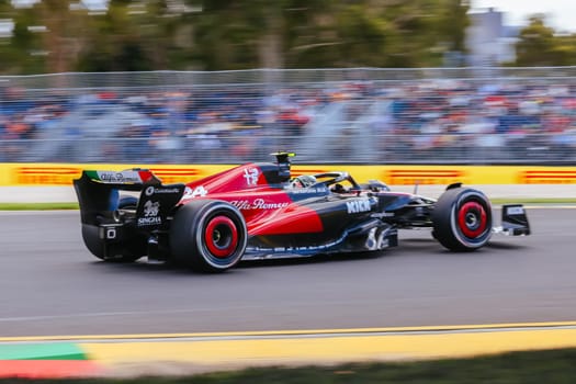 MELBOURNE, AUSTRALIA - MARCH 31: Zhou Guanyu of China drives the Alfa Romeo F1 C43 Ferrari during practice at the 2023 Australian Grand Prix at Albert Park in Melbourne, Australia