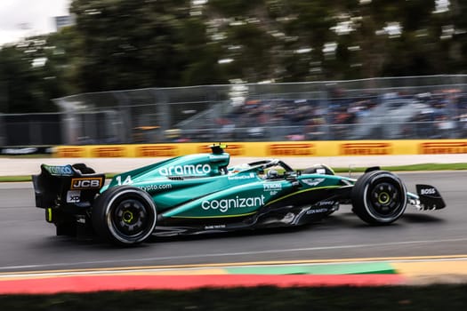 MELBOURNE, AUSTRALIA - MARCH 31: Fernando Alonso of Spain drives the Aston Martin AMR23 Mercedes during practice in the 2023 Australian Grand Prix at Albert Park in Melbourne, Australia