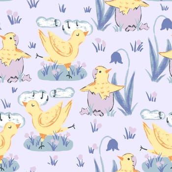 Hand drawn cute seamless pattern yellow chicken dancing singing music with clouds flowers. Funny design for kids children nursery, domestic animal bird poultry hen, Easter eggs concept spring print