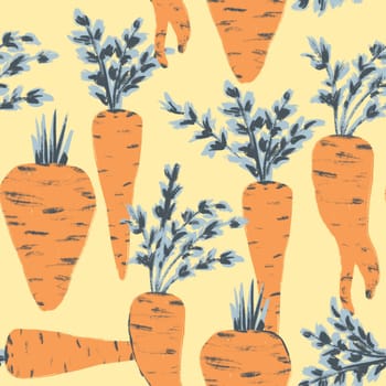 Seamless hand drawn pattern with orange ripe carrots grey leaves, organic healthy natural food, vitamins vegetarian vegan. Cooking design illustration, textile wrapping paper wallpaper. Bright harvest