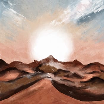 Hand drawn illustration of sunset sunrise in desert sand valley with dune barchan. Night scene landscape, oil painting texture, outdoor adventure, nature design panorama light, vibrant skyline