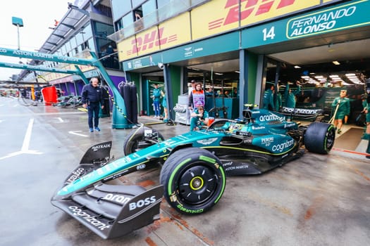 MELBOURNE, AUSTRALIA - MARCH 31: Fernando Alonso of Spain drives the Aston Martin AMR23 Mercedes during practice in the 2023 Australian Grand Prix at Albert Park in Melbourne, Australia