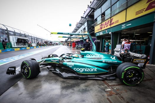 MELBOURNE, AUSTRALIA - MARCH 31: Fernando Alonso of Spain drives the Aston Martin AMR23 Mercedes during practice in the 2023 Australian Grand Prix at Albert Park in Melbourne, Australia