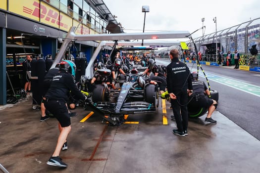 MELBOURNE, AUSTRALIA - MARCH 31: George Russell of Great Britain drives the Mercedes AMG Petronas F1 Team W13 during practice in the 2023 Australian Grand Prix at Albert Park in Melbourne, Australia