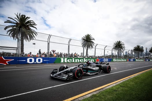 MELBOURNE, AUSTRALIA - APRIL 01: George Russell of Great Britain drives the Mercedes AMG Petronas F1 Team W13 during free practice at the 2023 Australian Grand Prix at Albert Park in Melbourne, Australia