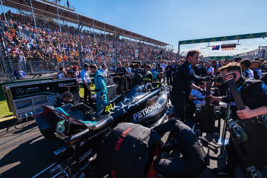 MELBOURNE, AUSTRALIA - APRIL 2: Mercedes-AMG PETRONAS Formula One Team before race start during the 2023 Australian Grand Prix at Albert Park on April 2, 2023 in Melbourne, Australia.