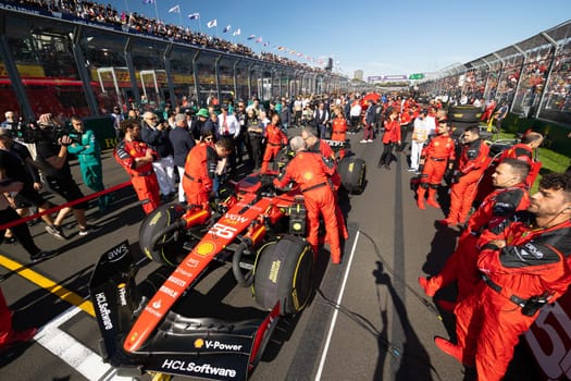 MELBOURNE, AUSTRALIA - APRIL 2: Scuderia Ferrari before race start during the 2023 Australian Grand Prix at Albert Park on April 2, 2023 in Melbourne, Australia.