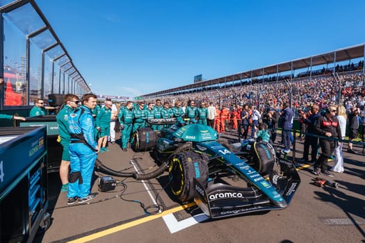 MELBOURNE, AUSTRALIA - APRIL 2: Aston Martin Aramco Cognizant Formula One Team before race start during the 2023 Australian Grand Prix at Albert Park on April 2, 2023 in Melbourne, Australia.