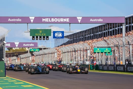 MELBOURNE, AUSTRALIA - APRIL 2: Max Verstappen of the Netherlands leads on race start at the 2023 Australian Formula 1 Grand Prix on 2nd April 2023