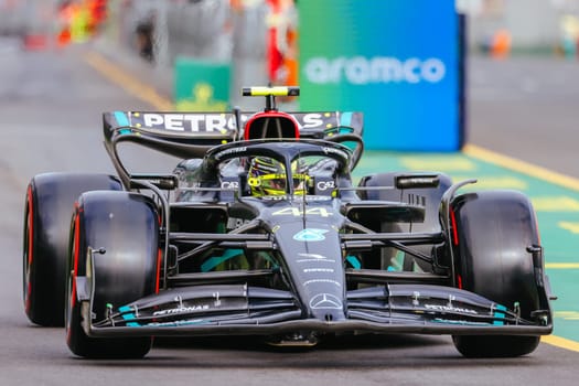 MELBOURNE, AUSTRALIA - APRIL 01: Lewis Hamilton of Great Britain drives the Mercedes AMG Petronas F1 Team W13 during qualifying at the 2023 Australian Grand Prix at Albert Park in Melbourne, Australia