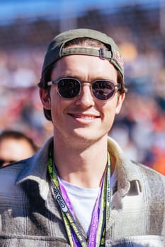 MELBOURNE, AUSTRALIA - APRIL 2: Australian snowboarder Scotty James on the grid before the 2023 Australian Formula 1 Grand Prix on 2nd April 2023