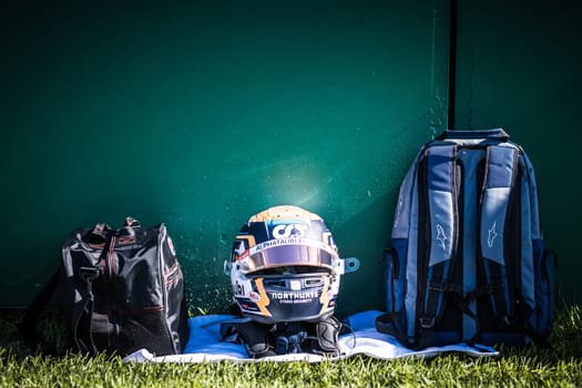 MELBOURNE, AUSTRALIA - APRIL 2: Helmet of Yuki Tsunoda of Japan and Scuderia AlphaTauri on race day at the 2023 Australian Formula 1 Grand Prix on 2nd April 2023