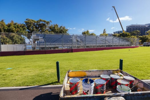 MELBOURNE, AUSTRALIA - MARCH 17 2022: Track build and preparations for the 2023 Formula 1 Australian Grand Prix to be held on March 30 to April 2nd 2023.