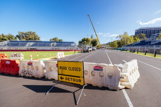 MELBOURNE, AUSTRALIA - MARCH 17 2022: Track build and preparations for the 2023 Formula 1 Australian Grand Prix to be held on March 30 to April 2nd 2023.