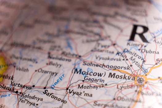 Focus on foreground of road map showing Moscow, Russia