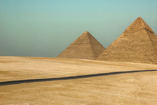 Giza, Egypt - April 13 2008: The pyramids (Cheops and Khafre) in the archeological site of Giza. Egypt.