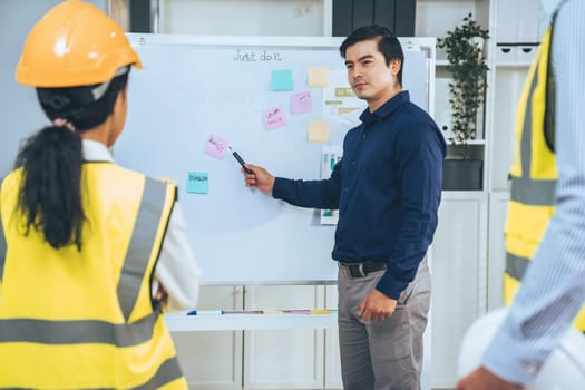 A team of investor and competent engineers brainstorming on the whiteboard to find new ideas and making plans. The idea of a team gather ideas together.