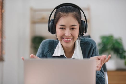 Asian girl student online learning class study online video call zoom teacher, Happy asian girl learn english language online with computer laptop....