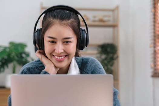 Asian girl student online learning class study online video call zoom teacher, Happy asian girl learn english language online with computer laptop....