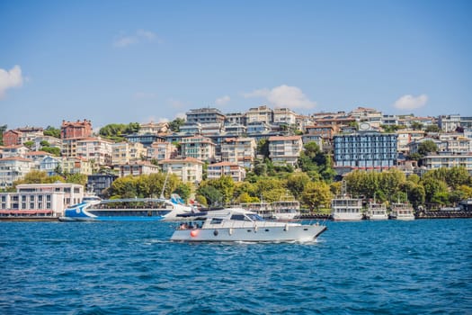 Muslim architecture and water transport in Turkey - Beautiful View touristic landmarks from sea voyage on Bosphorus.