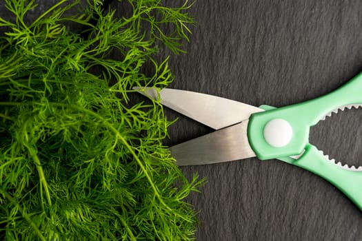 kitchen scissors cutting dill in the kitchen on a cutting board in the kitchen. Close-up of kitchen accessories. cooking. Fresh greens. Healthy eating.