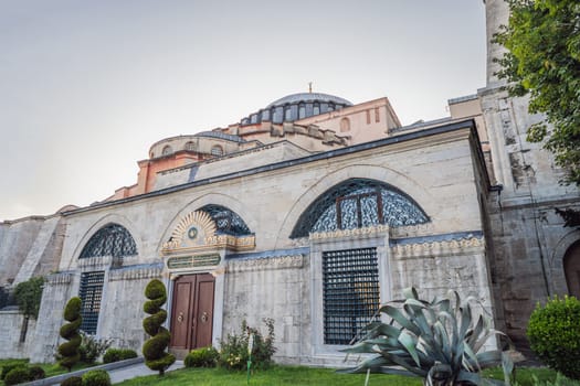 Sunny day architecture and Hagia Sophia Museum, in Eminonu, istanbul, Turkey. Turkiye.