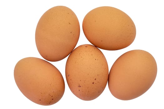 Top view of five brown speckled eggs isolated on a white background with clipping paths. High quality photo