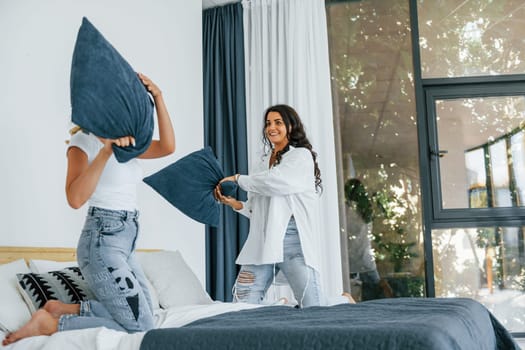 Playing pillow fight. Two women is together at home.