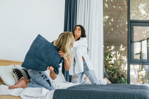 Playing pillow fight. Two women is together at home.