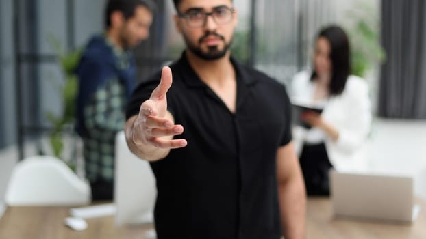 manager welcomes at the interview, offers a deal, greets the client at the meeting