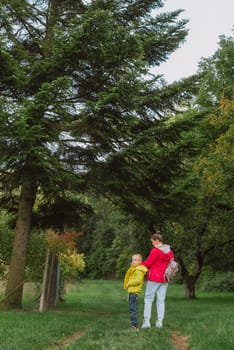 Beautiful family -Mom with small son on a walk in autumn sunny nature. Happy couple holding hands. Back view. Young mother with her little baby boy having fun in the autumn park