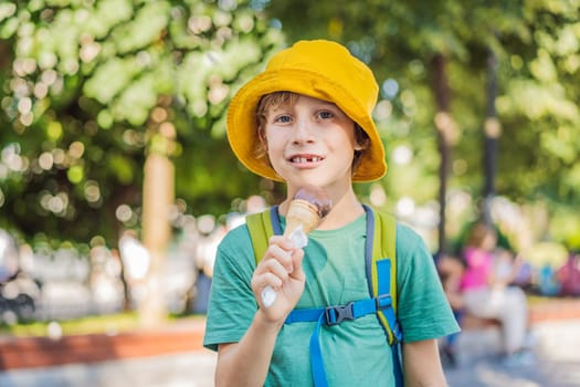 Boy tourist boy eating turkish ice cream.