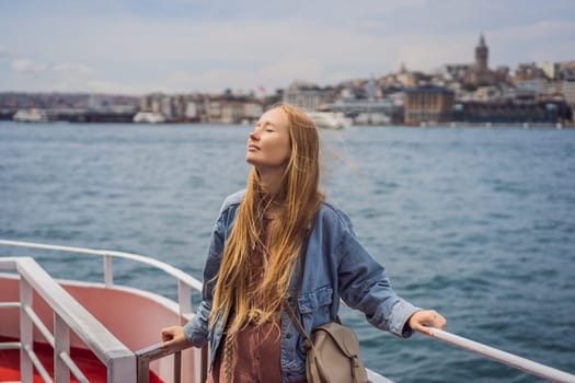 Happy woman enjoying the sea from ferry boat crossing Bosphorus in Istanbul. Summer trip to Istanbul.