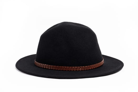 Front view stilish black hat for women, isolated white background.