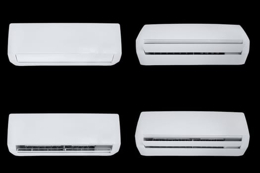 Wall mounted white air conditioner in 4 angles isolated on black background.