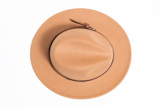 Top view stilish brown safari style hat for women, isolated white background.