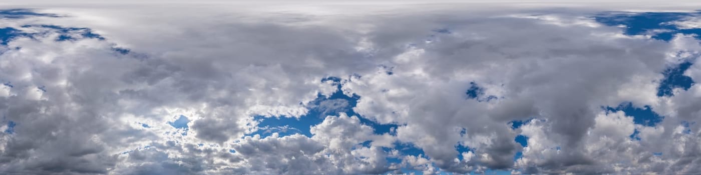 Sky panorama on overcast rainy day with low clouds in seamless spherical equirectangular format. Complete zenith for use in 3D graphics, game and for aerial drone 360 degree panorama as a sky dome.