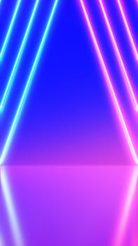 Neon Background Abstract Blue And Pink with Light Shapes line diagonals on colorful and reflective floor, party and concert concept. Vertical size.